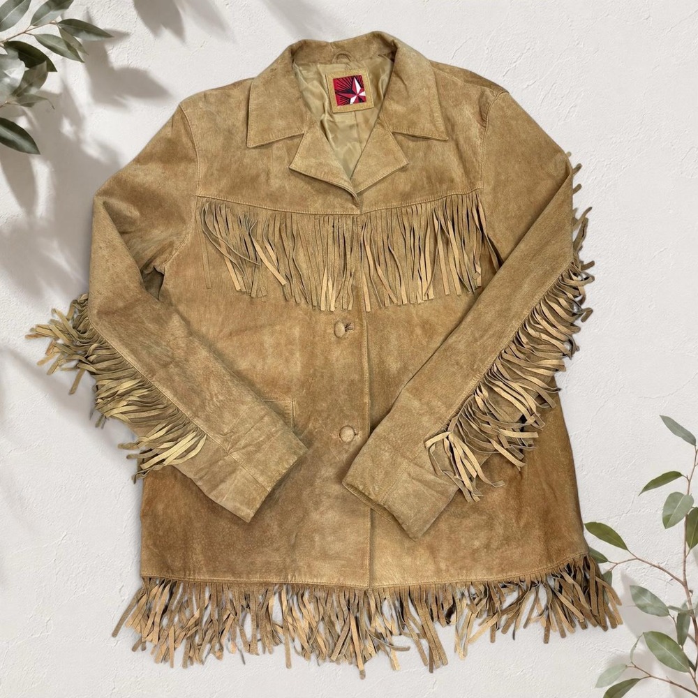 Vintage Marlboro Country Store Suede Leather Fringe Western Jacket Red Star L